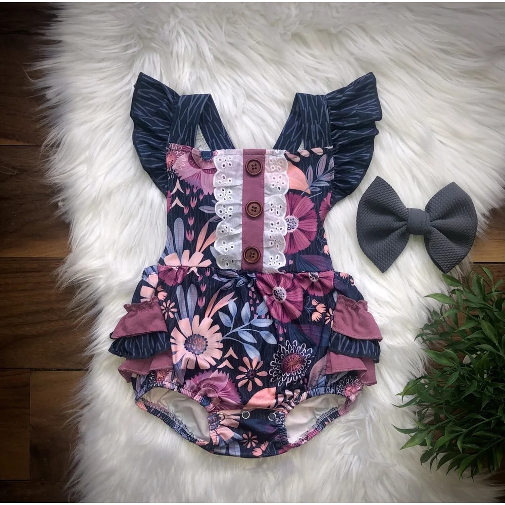 Wellington Designs Girls Purple Tropical Bubble Romper, Sz 18/24 NWT